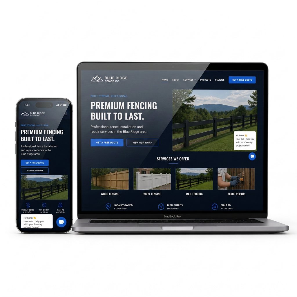 Laptop and smartphone showing a professional fence contractor website built by BigWay Digital, with a chat assistant open
