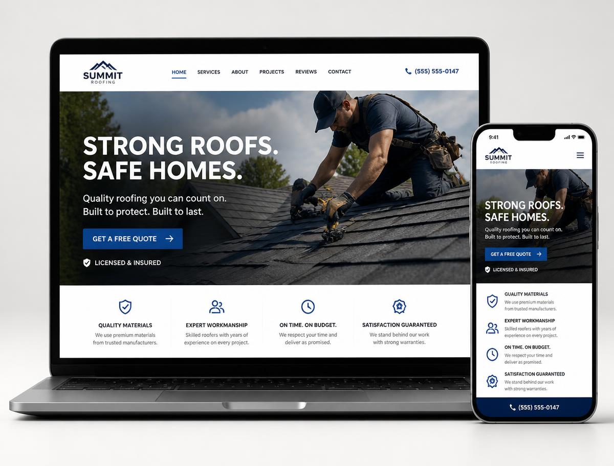 Desktop and mobile mockup of a roofing company website designed by BigWay Digital
